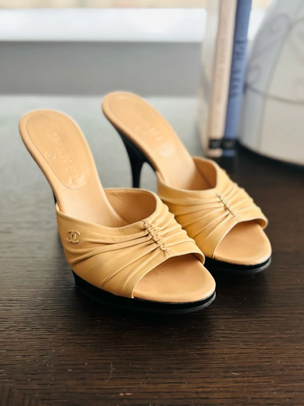 CHANEL Ruched Leather CC Logo Mule Heels Size 6B